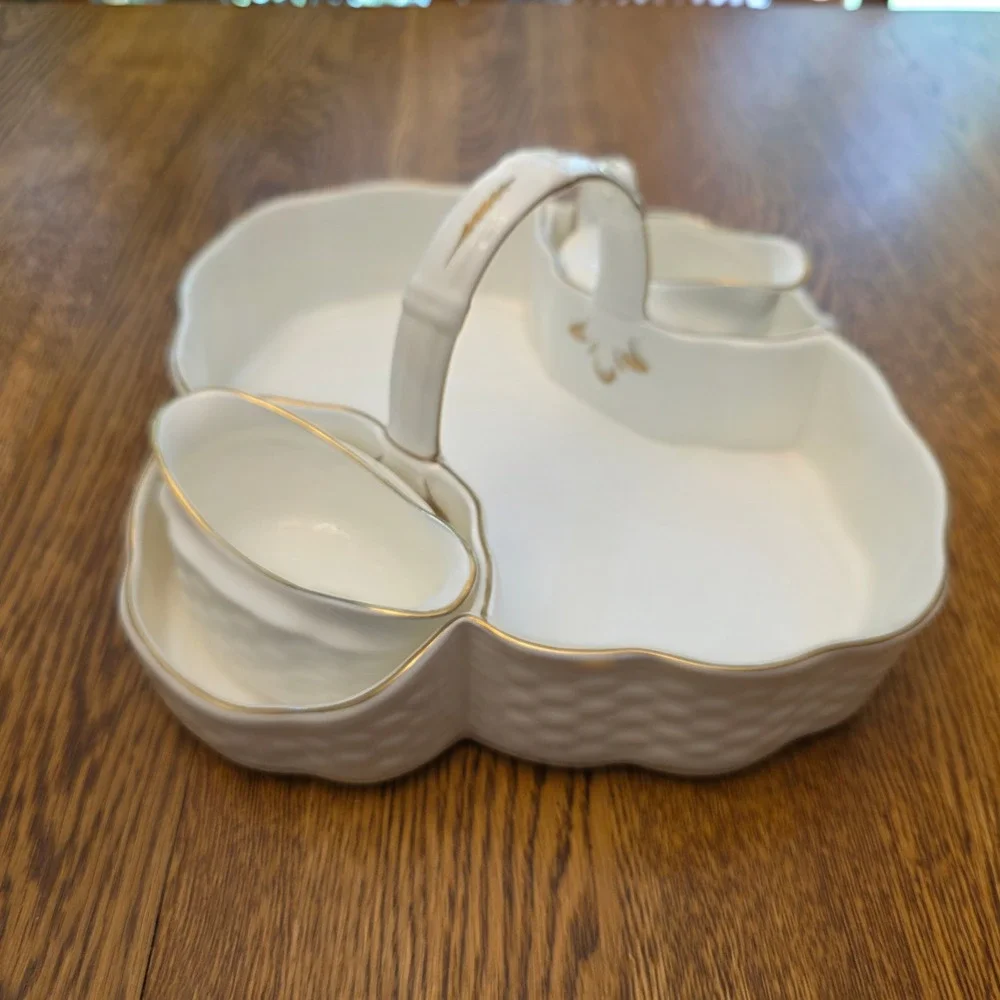 Coalport Bone China Fruit Berry Basket Serving Tray Cream Sugar 22K Gold England